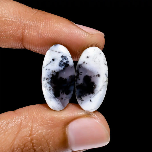 Dendrite Opal Oval Shape Cabochon Loose Gemstone Pair Natural 11.5 Ct. 20X10X4 mm V-2599