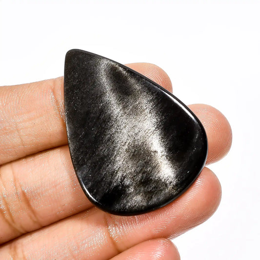 Outstanding Top Grade Quality 100% Natural Silver Sheen Obsidian Pear Shape Cabochon Loose Gemstone For Making Jewelry 26 Ct 40X29X3 mm V2030