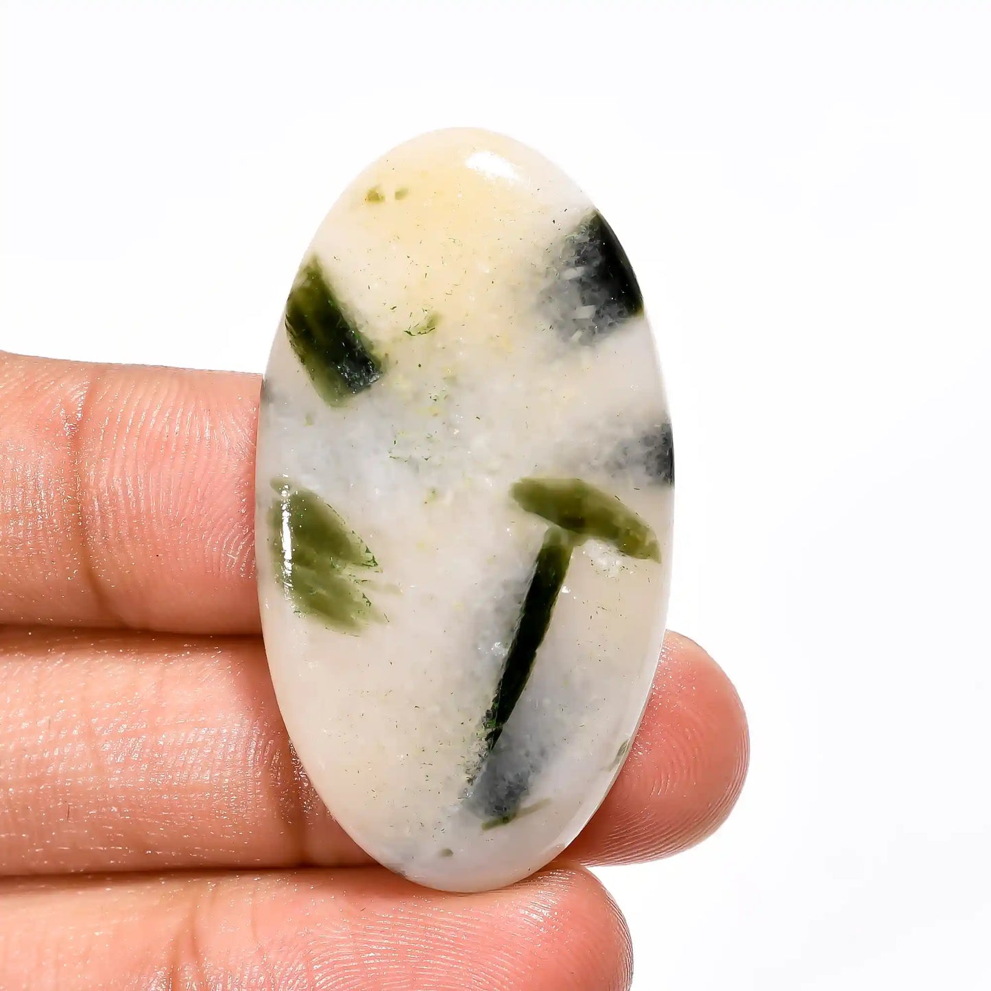 Wonderful Top Grade Quality 100% Natural Green Dot Tourmaline Quartz Oval Shape Cabochon Gemstone For Making Jewelry 50.5 Ct 42X23X5 mm V2522