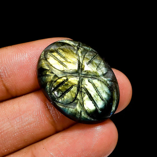 Elegant Top Grade Quality 100% Natural Labradorite Carving Oval Shape Carved Loose Gemstone For Making Jewelry 30 Ct. 27X19X7 mm V-2557