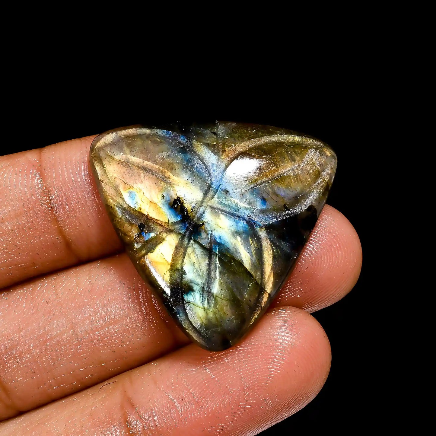 Marvellous Top Grade Quality 100% Natural Labradorite Carving Triangle Shape Carved Loose Gemstone For Making Jewelry 33.5 Ct. 28X28X6 mm V-2562