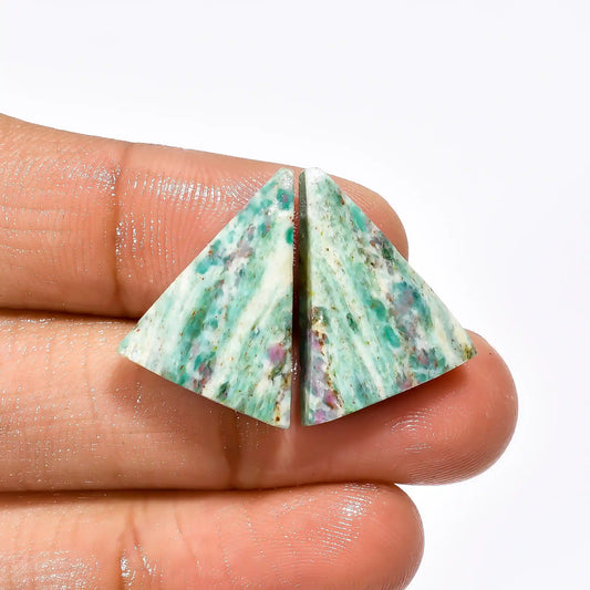 Mind Blowing Top Grade Quality 100% Natural Ruby Fuchsite Triangle Shape Cabochon Gemstone Pair For Making Earrings 19 Ct. 20X15X4 mm V-2616