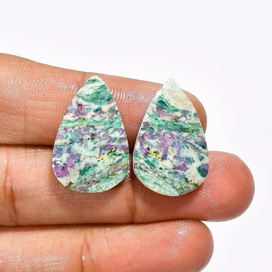 Outstanding Top Grade Quality 100% Natural Ruby Fuchsite Pear Shape Cabochon Loose Gemstone Pair For Making Earrings 21 Ct 22X14X4 mm V-2617