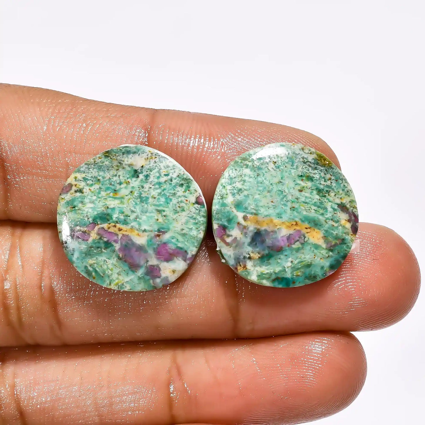 Splendid Top Grade Quality 100% Natural Ruby Fuchsite Round Shape Cabochon Loose Gemstone Pair For Making Earrings 22 Ct. 18X18X3 mm V-2618