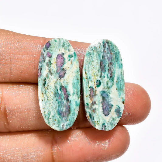 Superb Top Grade Quality 100% Natural Ruby Fuchsite Oval Shape Cabochon Loose Gemstone Pair For Making Earrings 37 Ct. 28X13X4 mm V-2619