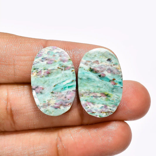 Supreme Top Grade Quality 100% Natural Ruby Fuchsite Oval Shape Cabochon Loose Gemstone Pair For Making Earrings 23 Ct. 22X14X4 mm V-2621