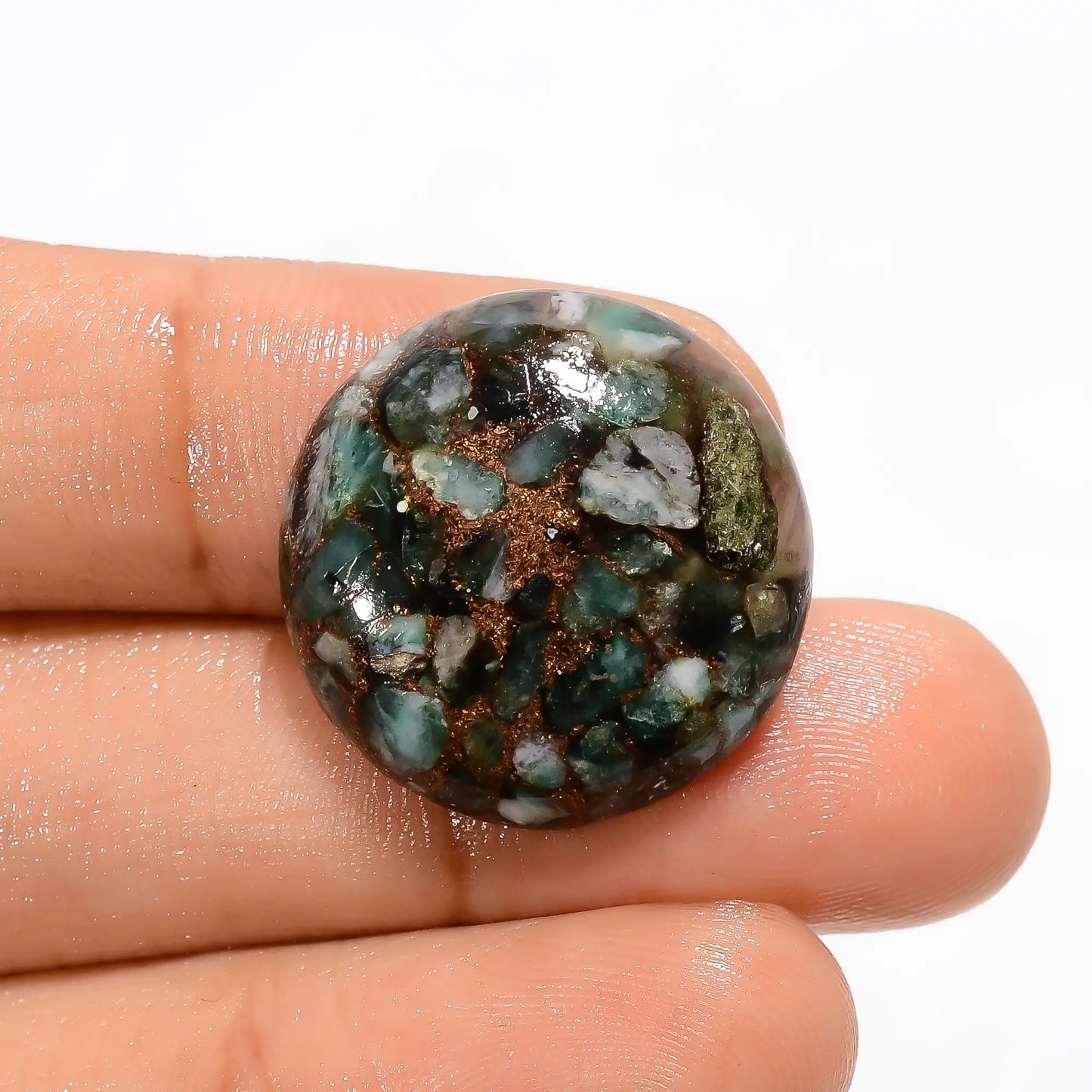 Classic Top Grade Quality Spiny Copper Emerald Round Shape Cabochon Loose Gemstone For Making Jewelry 19 Ct. 22X22X5 mm V-3012