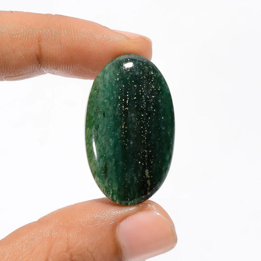 Beautiful Top Grade Quality 100% Natural Green Aventurine with Pyrite Oval Shape Cabochon Loose Gemstone For Making Jewelry 32.5 Ct. 32X19X6 mm V-3501