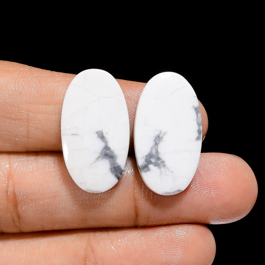 Stunning Top Grade Quality 100% Natural Howlite Oval Shape Cabochon Loose Gemstone Pair For Making Earrings 20.5 Ct. 23X13X4 mm V-4441