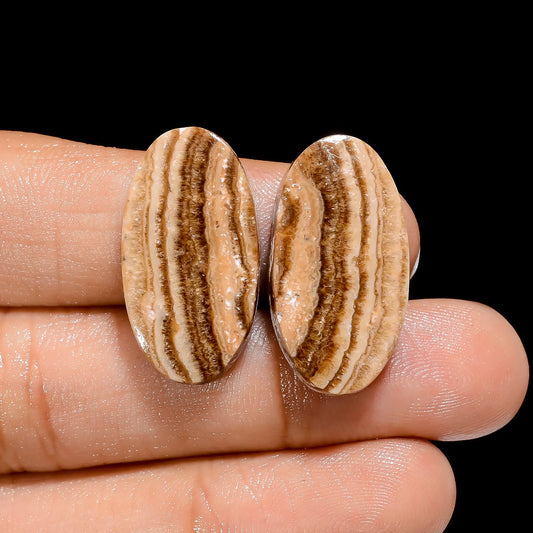 Chocolate Calcite Aragonite Oval Shape Cabochon Loose Gemstone Pair Natural 26 Ct. 24X13X4 mm V-4453
