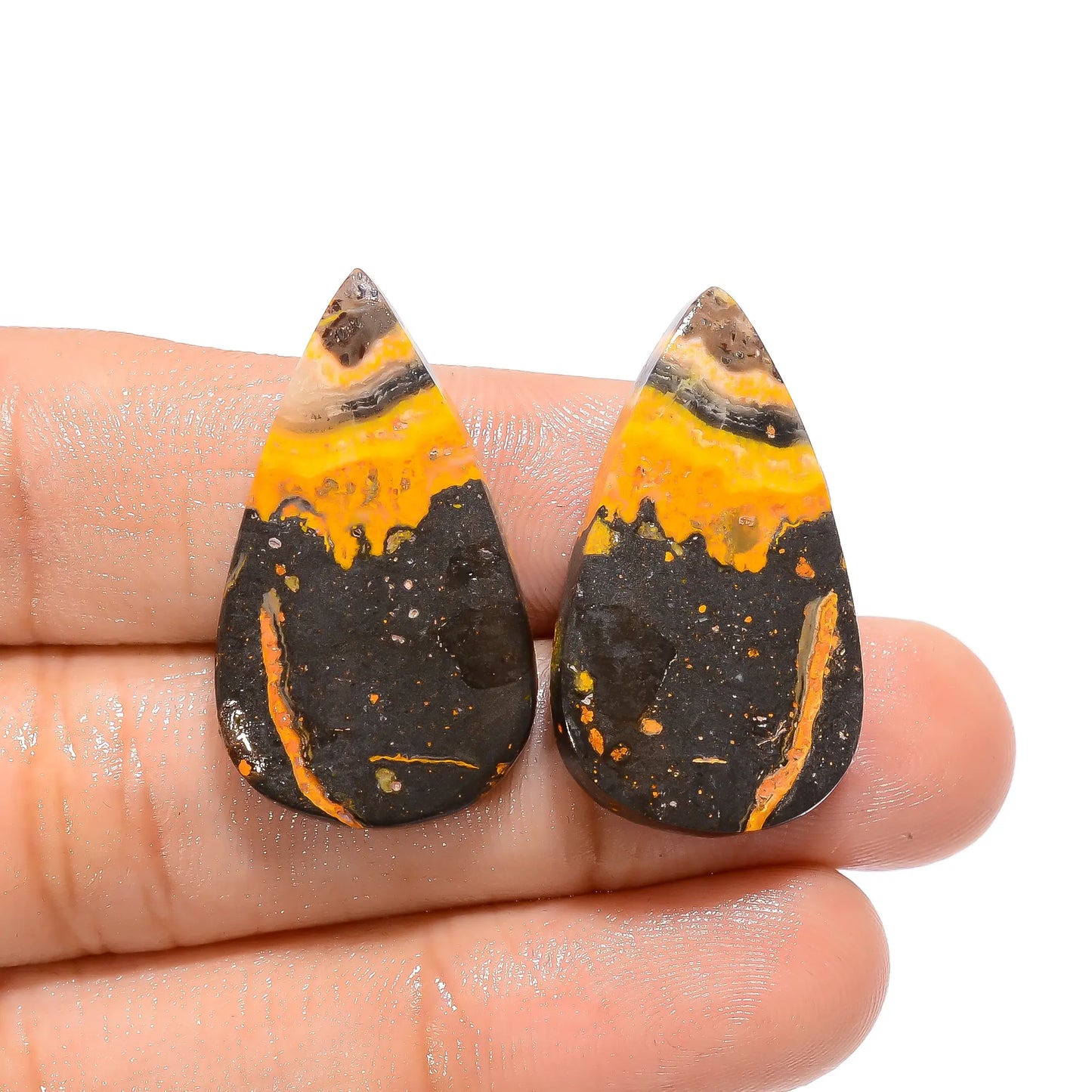 Incredible Top Grade Quality 100% Natural Bumble Bee Jasper Pear Shape Cabochon Gemstone Pair For Making Earrings 31.5 Ct. 29X16X3 mm V-4514