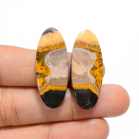 Stunning Top Grade Quality 100% Natural Bumble Bee Jasper Oval Shape Cabochon Gemstone Pair For Making Earrings 35.5 Ct. 32X13X4 mm V-4520