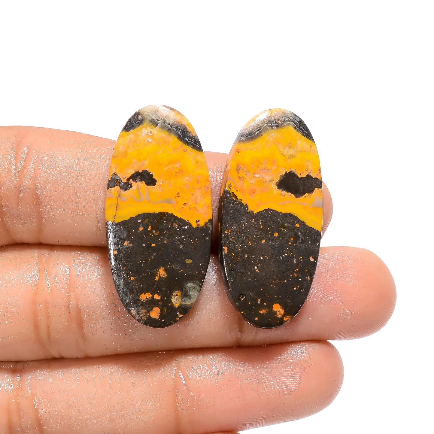 Supreme Top Grade Quality 100% Natural Bumble Bee Jasper Oval Shape Cabochon Loose Gemstone Pair For Making Earrings 39.5 Ct 31X15X4 mm V4521