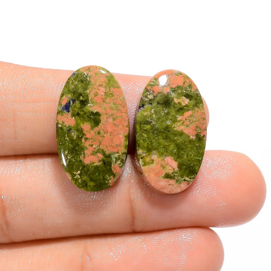 Classic Top Grade Quality 100% Natural Unakite Oval Shape Cabochon Loose Gemstone Pair For Making Earrings 27.5 Ct. 22X12X4 mm V-4577