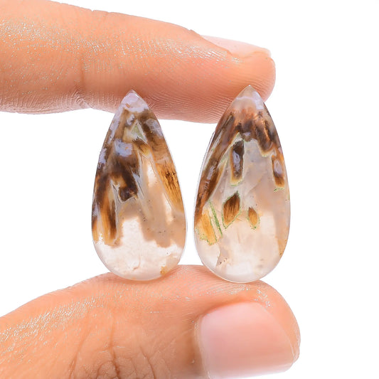 Stick Agate Pear Shape Cabochon Loose Gemstone 2 Pcs Lot Natural 17.5 Ct. 24X12 25X12 mm V-4585