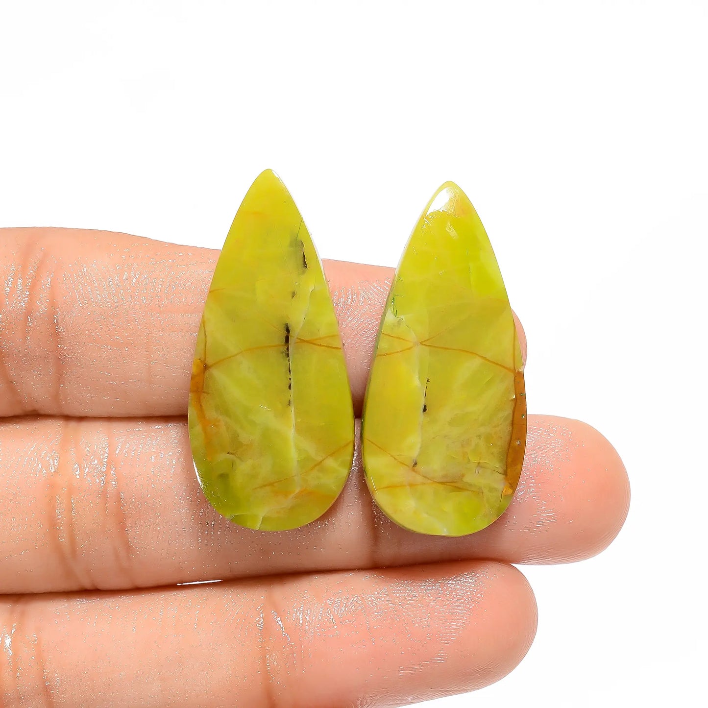 Classic Top Grade Quality 100% Natural Green Opal Pear Shape Cabochon Loose Gemstone Pair For Making Earrings 28.5 Ct. 32X15X4 mm V-4602