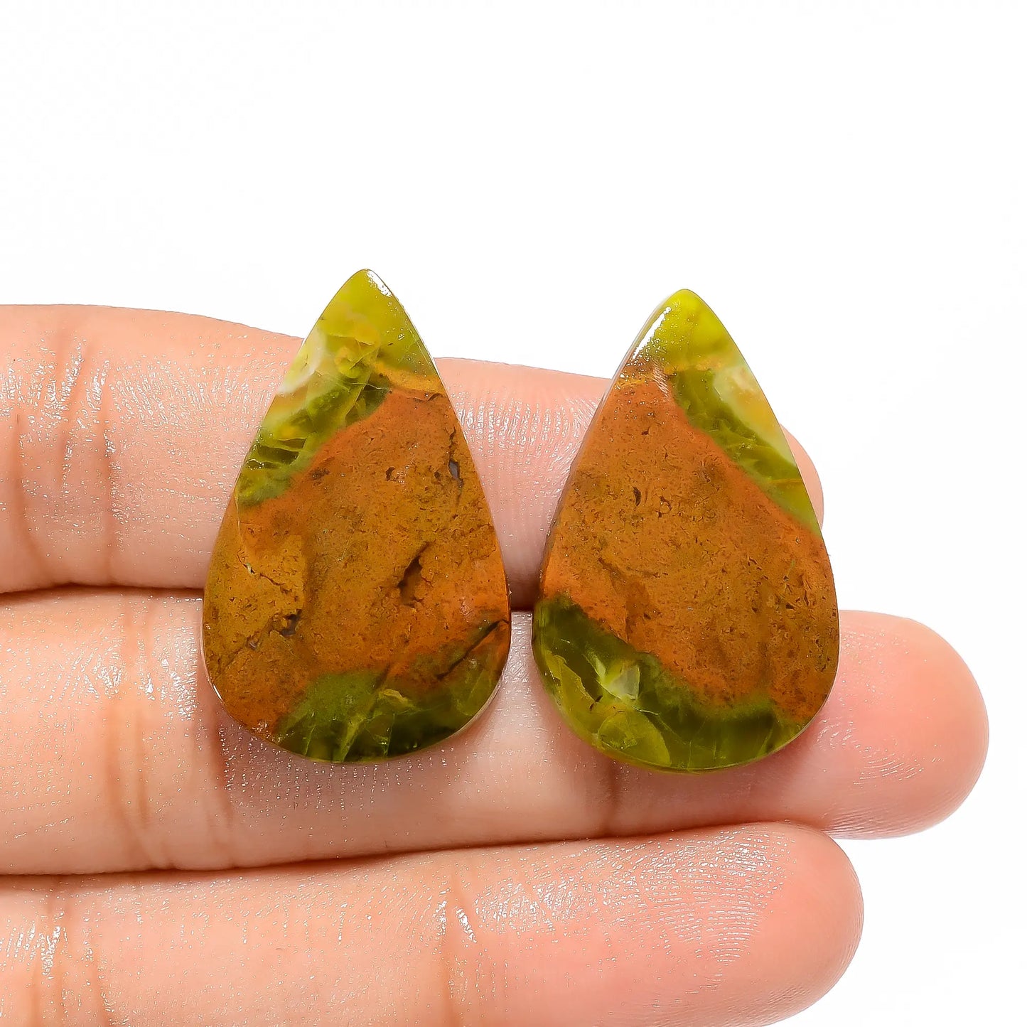 Excellent Top Grade Quality 100% Natural Green Opal Pear Shape Cabochon Loose Gemstone Pair For Making Earrings 31.5 Ct. 29X18X3 mm V-4604