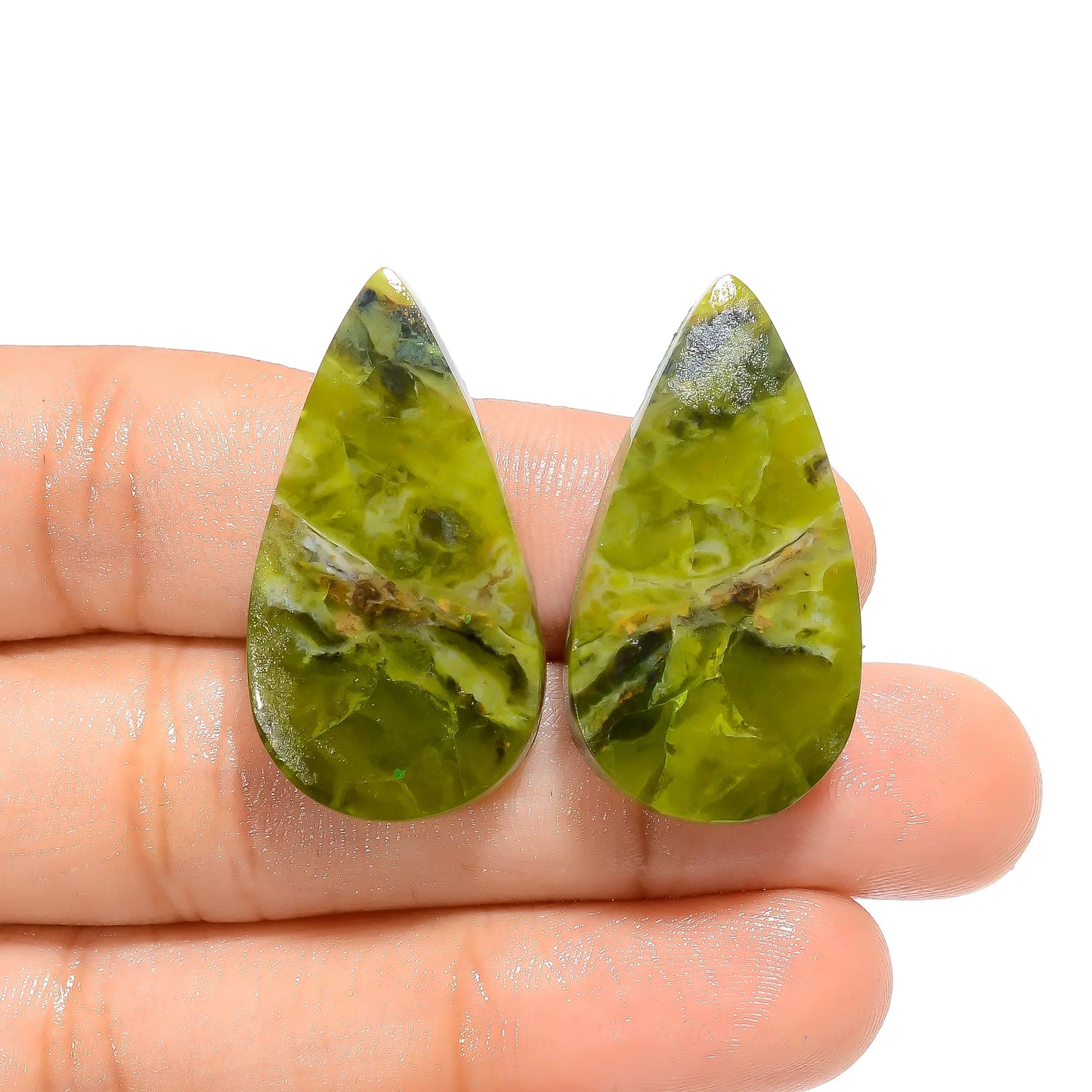 Fantastic Top Grade Quality 100% Natural Green Opal Pear Shape Cabochon Loose Gemstone Pair For Making Earrings 39 Ct. 31X17X5 mm V-4608