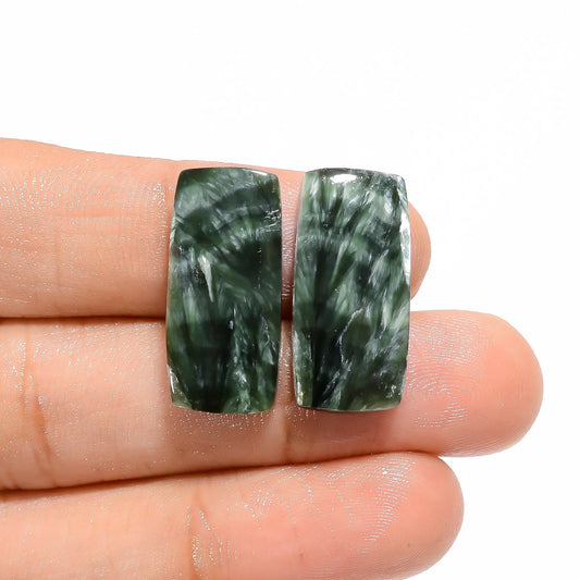 Superb Top Grade Quality 100% Natural Seraphinite Radiant Shape Cabochon Loose Gemstone Pair For Making Earrings 19 Ct. 22X10X4 mm V-4616