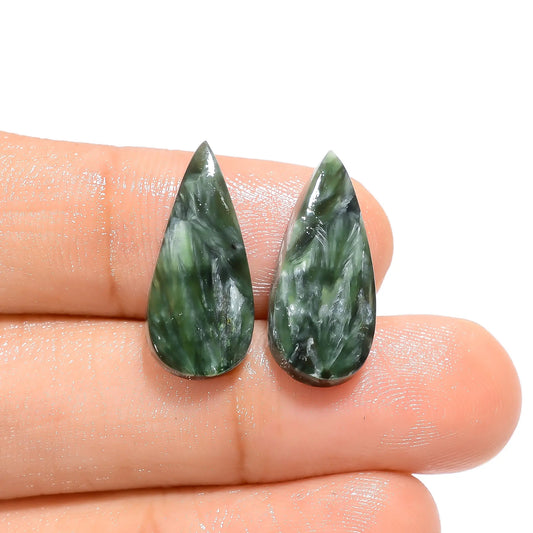 Supreme Top Grade Quality 100% Natural Seraphinite Pear Shape Cabochon Loose Gemstone Pair For Making Earrings 10.5 Ct. 20X9X3 mm V-4618