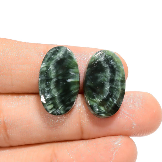 Terrific Top Grade Quality 100% Natural Seraphinite Oval Shape Cabochon Loose Gemstone Pair For Making Earrings 20 Ct. 20X12X4 mm V-4620