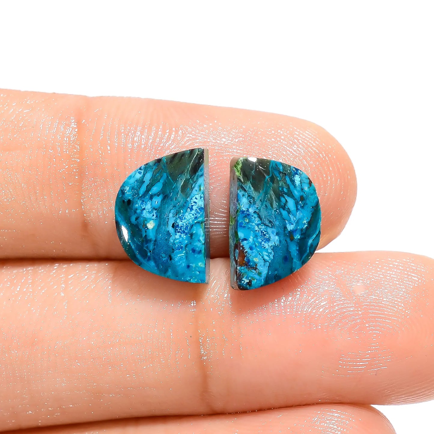 Outstanding Top Grade Quality 100% Natural Shattuckite D Shape Cabochon Loose Gemstone Pair For Making Earrings 7.5 Ct. 12X7X4 mm V-4639