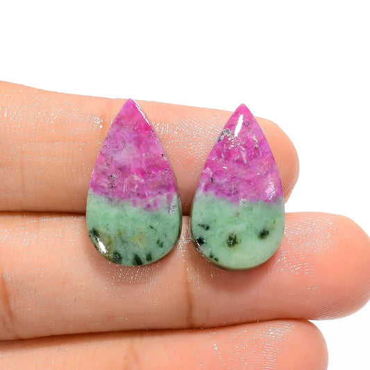 Marvellous Top Grade Quality 100% Natural Ruby Zoisite Pear Shape Cabochon Loose Gemstone Pair For Making Earrings 18 Ct. 20X11X3 mm V-4662