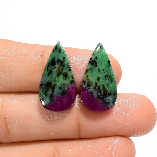 Outstanding Top Grade Quality 100% Natural Ruby Zoisite Pear Shape Cabochon Loose Gemstone Pair For Making Earrings 20 Ct. 22X11X3 mm V-4664