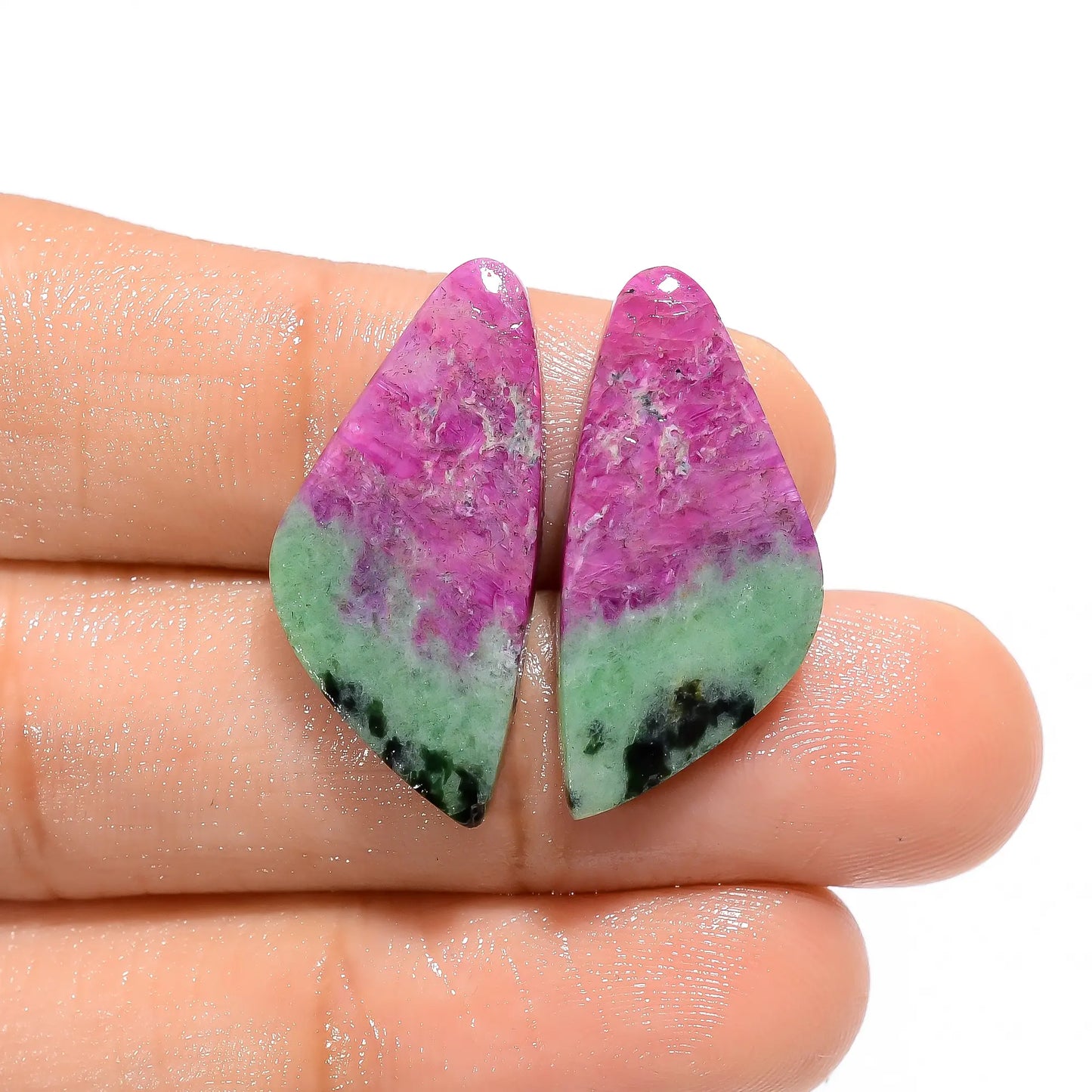 Splendid Top Grade Quality 100% Natural Ruby Zoisite Fancy Shape Cabochon Loose Gemstone Pair For Making Earrings 19.5 Ct. 25X12X3 mm V-4665