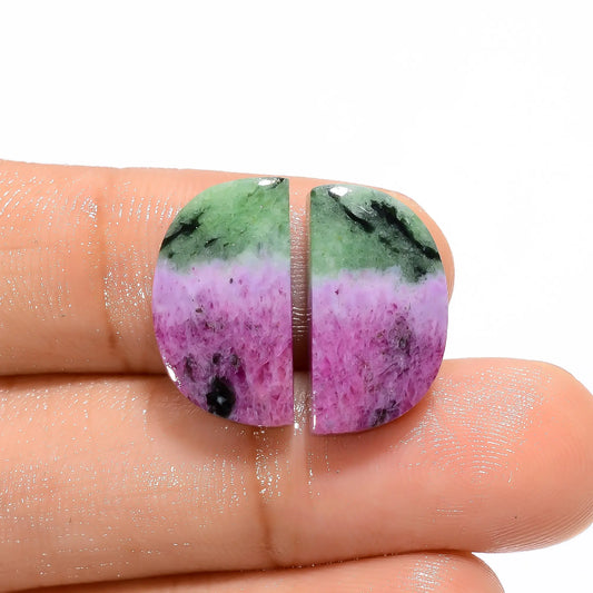 Stunning Top Grade Quality 100% Natural Ruby Zoisite D Shape Cabochon Loose Gemstone Pair For Making Earrings 16.5 Ct. 17X9X3 mm V-4667