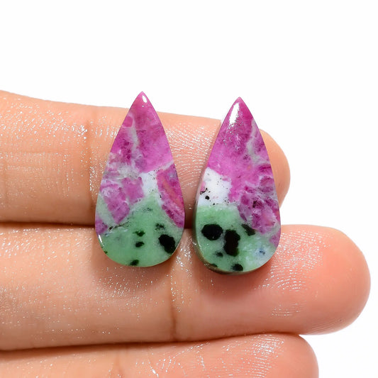 Unique Top Grade Quality 100% Natural Ruby Zoisite Pear Shape Cabochon Loose Gemstone Pair For Making Earrings 21 Ct. 21X10X4 mm V-4671