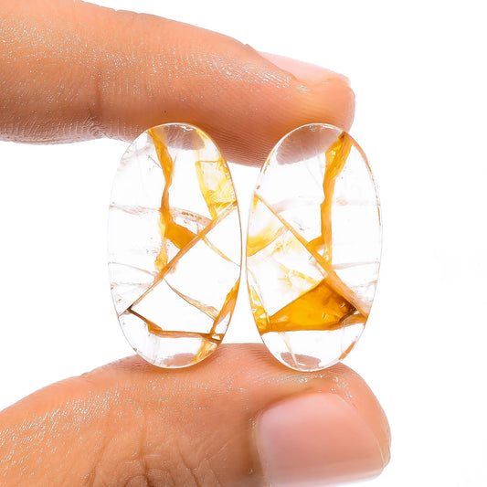 Golden Healing Quartz Oval Shape Cabochon Loose Gemstone Pair Natural 23.5 Ct. 23X13X4 mm V-4677