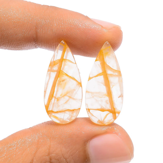 Dazzling Top Grade Quality 100% Natural Golden Healing Quartz Pear Shape Cabochon Loose Gemstone Pair For Making Earrings 17.5 Ct. 24X11X4 mm V-4678