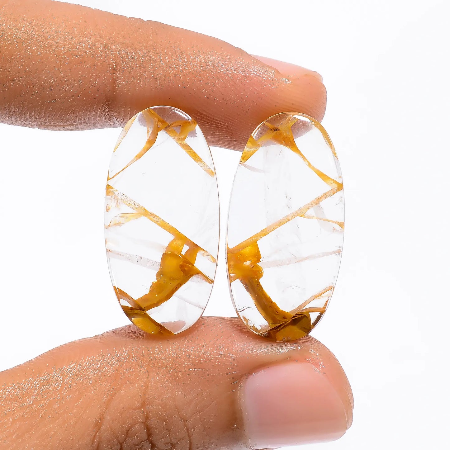 Gorgeous Top Grade Quality 100% Natural Golden Healing Quartz Oval Shape Cabochon Loose Gemstone Pair For Making Earrings 25.5 Ct. 26X13X4 mm V-4683