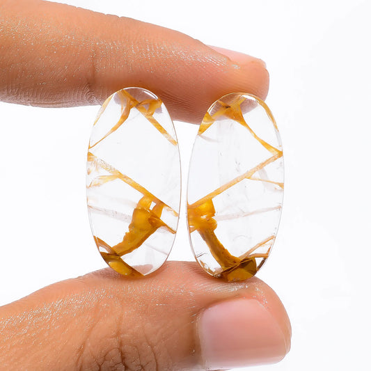 Gorgeous Top Grade Quality 100% Natural Golden Healing Quartz Oval Shape Cabochon Loose Gemstone Pair For Making Earrings 25.5 Ct. 26X13X4 mm V-4683