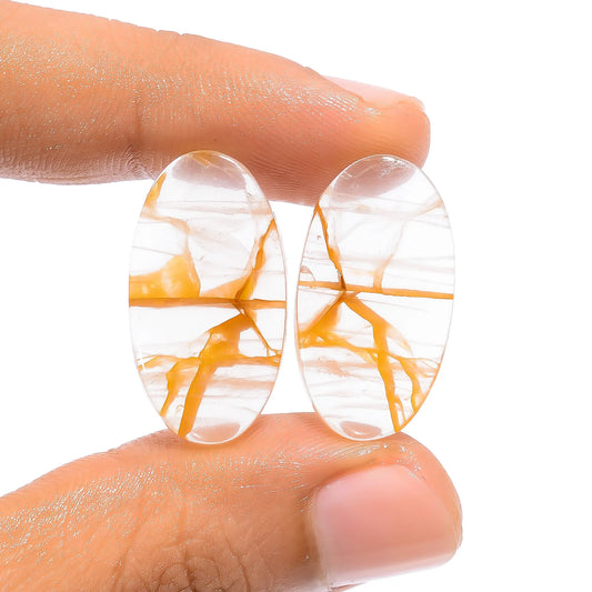 Immaculate Top Grade Quality 100% Natural Golden Healing Quartz Oval Shape Cabochon Loose Gemstone Pair For Making Earrings 19.5 Ct. 24X13X4 mm V-4684