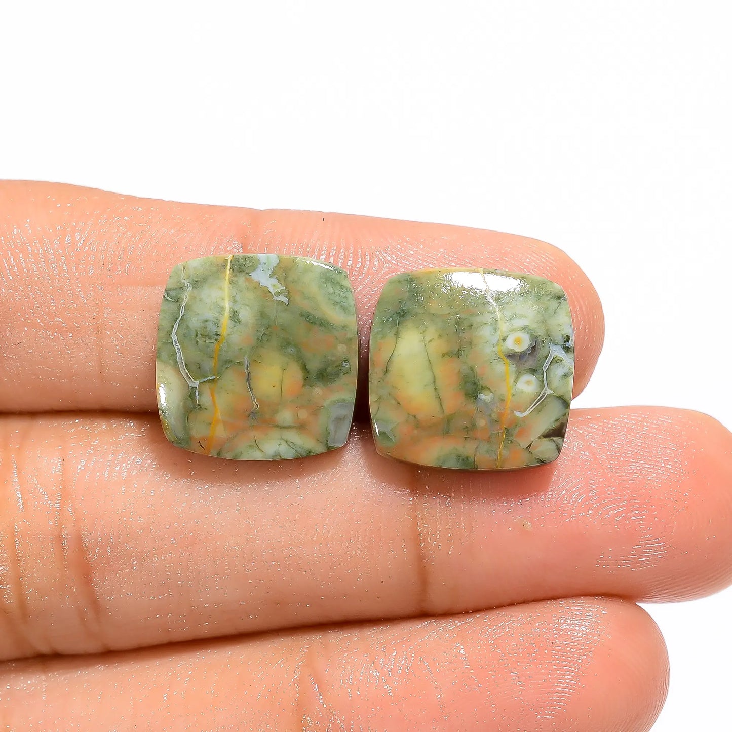 Gorgeous Top Grade Quality 100% Natural Rhyolite Cushion Shape Cabochon Loose Gemstone Pair For Making Earrings 12.5 Ct. 14X14X3 mm V-4735