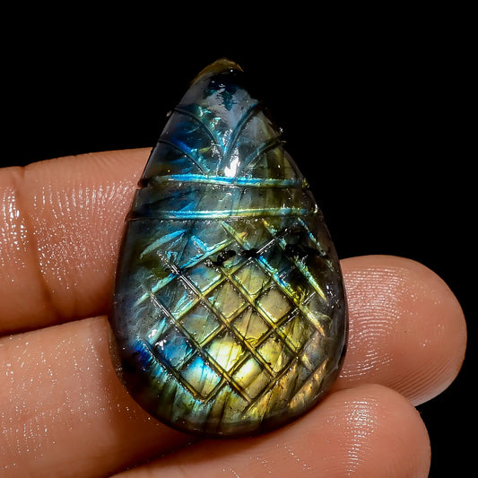 Supreme Top Grade Quality 100% Natural Multi Labradorite Pear Shape Carved Loose Gemstone For Making Jewelry 42 Ct. 33X20X8 mm V-4915