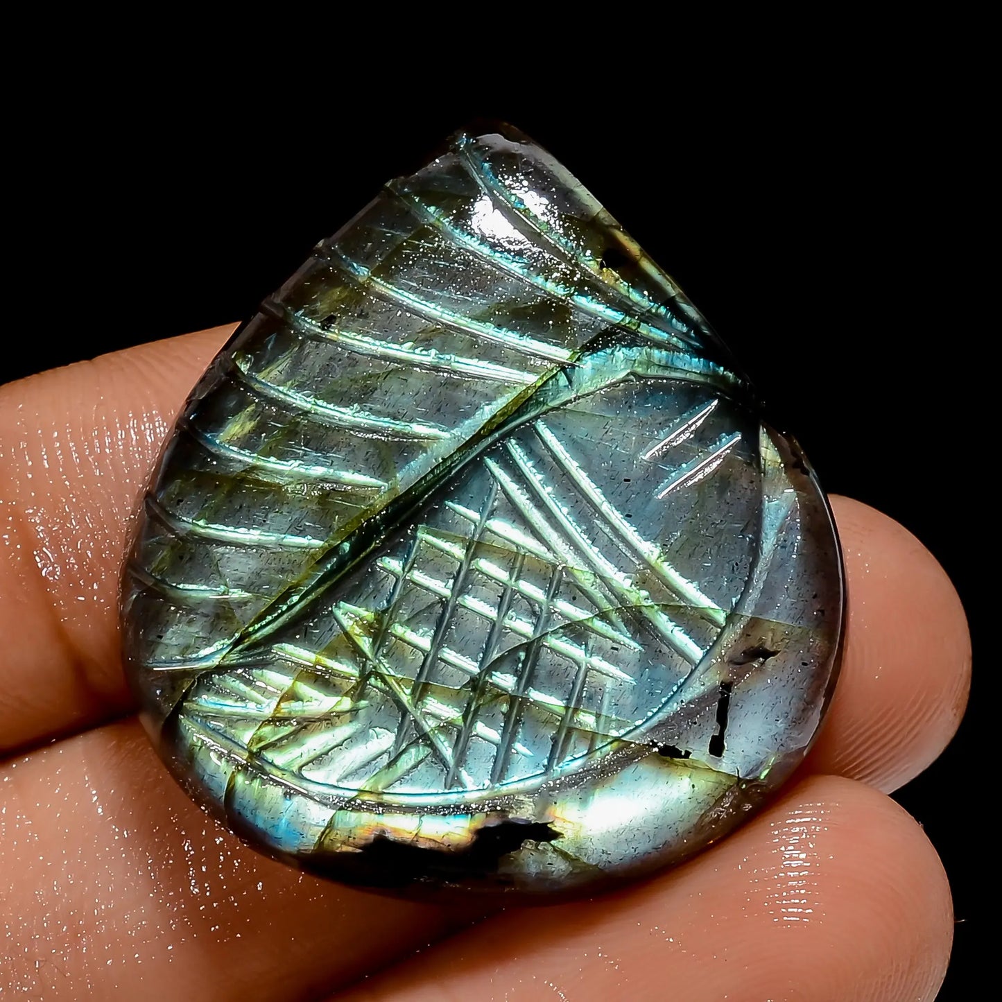 Wonderful Top Grade Quality 100% Natural Multi Labradorite Pear Shape Carved Loose Gemstone For Making Jewelry 55.5 Ct. 32X29X6 mm V-4919