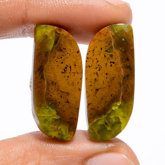 Superb Top Grade Quality 100% Natural Green Opal Fancy Shape Cabochon Loose Gemstone Pair For Making Earrings 29 Ct. 26X11X4 mm V-4937