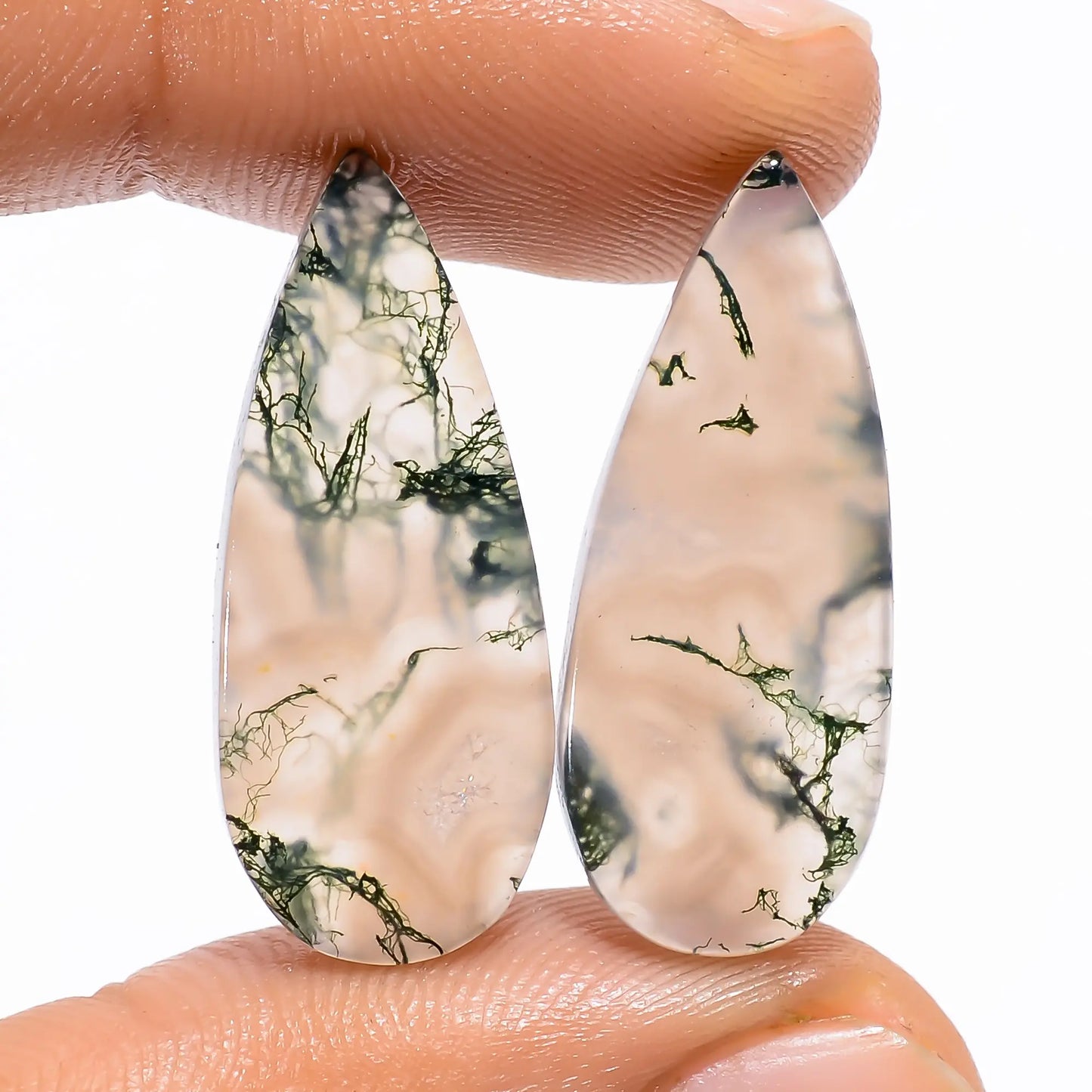 Excellent Top Grade Quality 100% Natural Moss Agate Pear Shape Cabochon Loose Gemstone Pair For Making Earrings 19 Ct. 26X10X3 mm V-4952