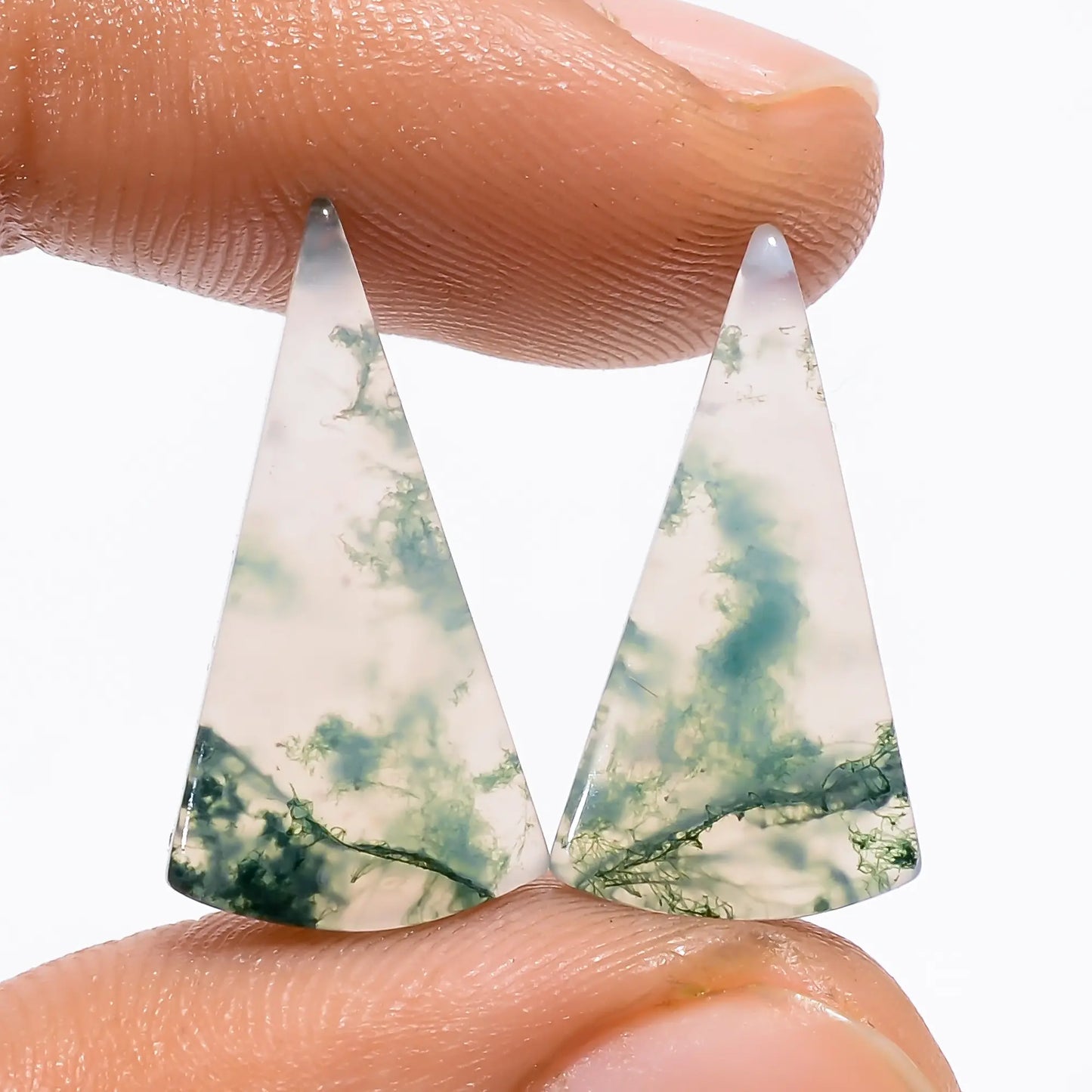 Fantastic Top Grade Quality 100% Natural Moss Agate Triangle Shape Cabochon Loose Gemstone Pair For Making Earrings 9.5 Ct 20X10X3 mm V-4955