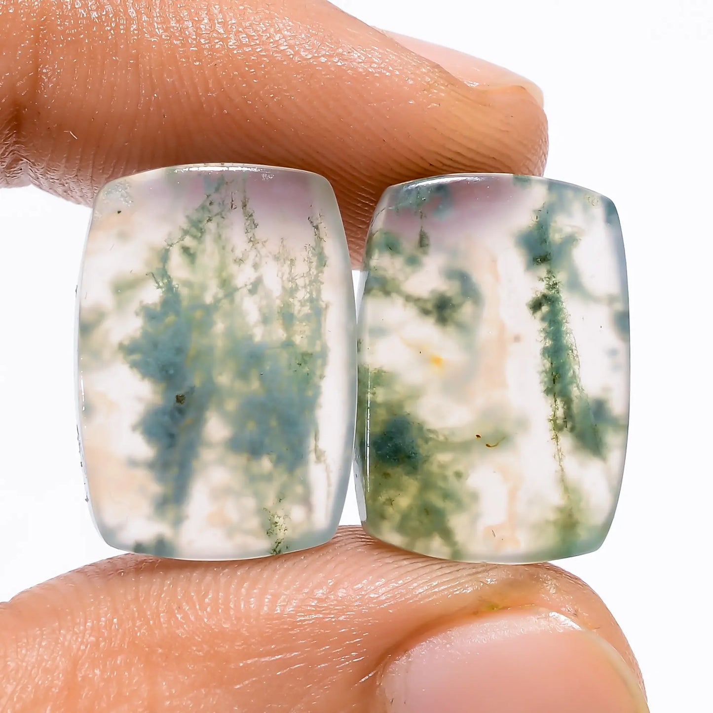 Incredible Top Grade Quality 100% Natural Moss Agate Radiant Shape Cabochon Loose Gemstone Pair For Making Earrings 18.5 Ct 17X12X3 mm V-4958