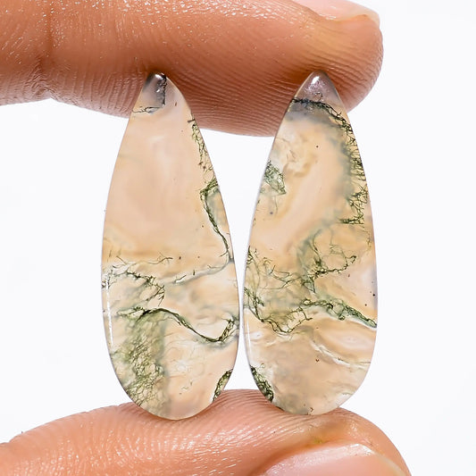 Superb Top Grade Quality 100% Natural Moss Agate Pear Shape Cabochon Loose Gemstone Pair For Making Earrings 11 Ct. 24X9X2 mm V-4963