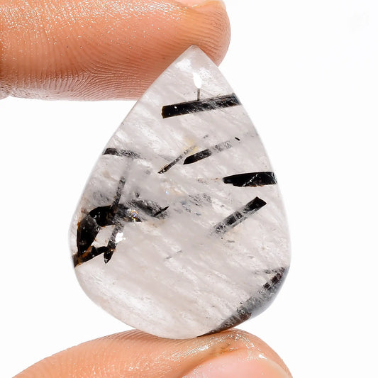 Marvellous Top Grade Quality 100% Natural Black Rutile Quartz Pear Shape Cabochon Loose Gemstone For Making Jewelry 40 Ct. 30X23X8 mm V-5405