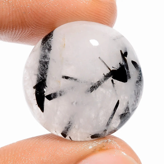 Beautiful Top Grade Quality 100% Natural Black Rutile Quartz Round Shape Cabochon Loose Gemstone For Making Jewelry 24 Ct. 21X21X6 mm V-5421