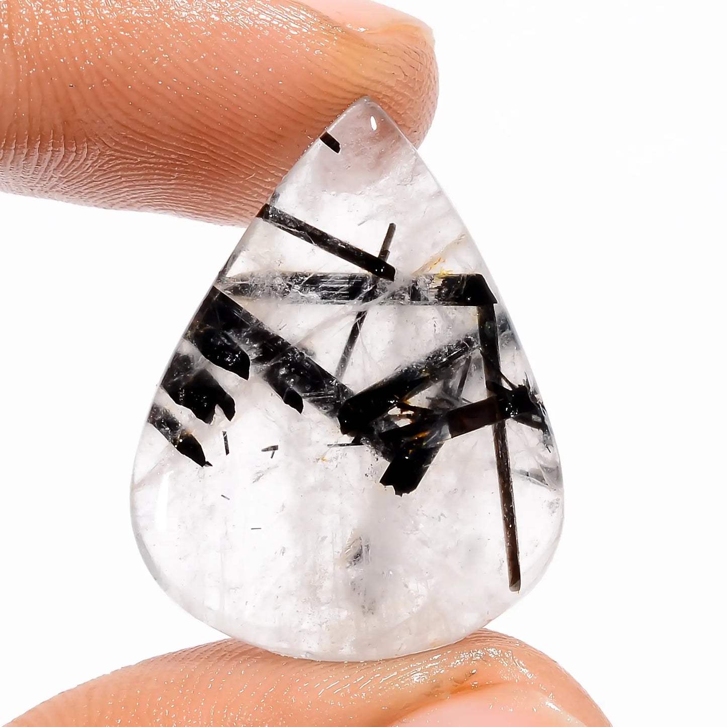 Classic Top Grade Quality 100% Natural Black Rutile Quartz Pear Shape Cabochon Loose Gemstone For Making Jewelry 17 Ct. 25X19X4 mm V-5422