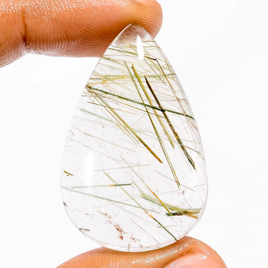 Elegant Top Grade Quality 100% Natural Green Rutile Quartz Pear Shape Cabochon Loose Gemstone For Making Jewelry 58 Ct. 39X25X8 mm V-5720