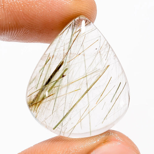 Gorgeous Top Grade Quality 100% Natural Green Rutile Quartz Pear Shape Cabochon Loose Gemstone For Making Jewelry 29 Ct. 26X21X7 mm V-5722