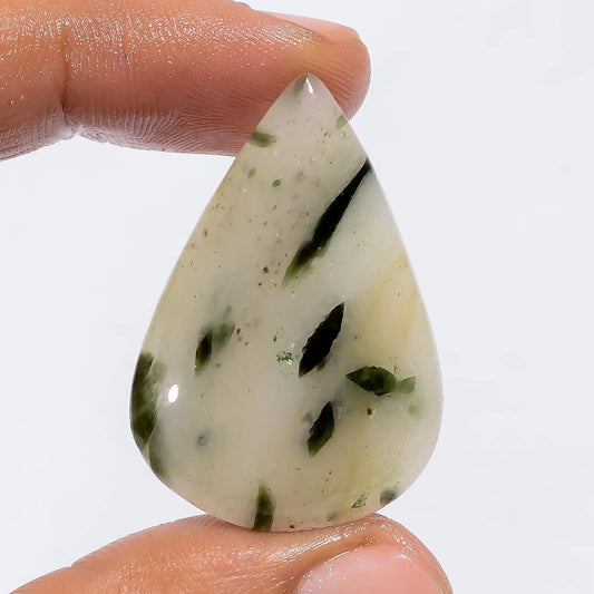 Green Dot Tourmaline Quartz Pear Shape Cabochon Loose Gemstone Natural 31.5 Ct. 36X24X5 mm V-6021
